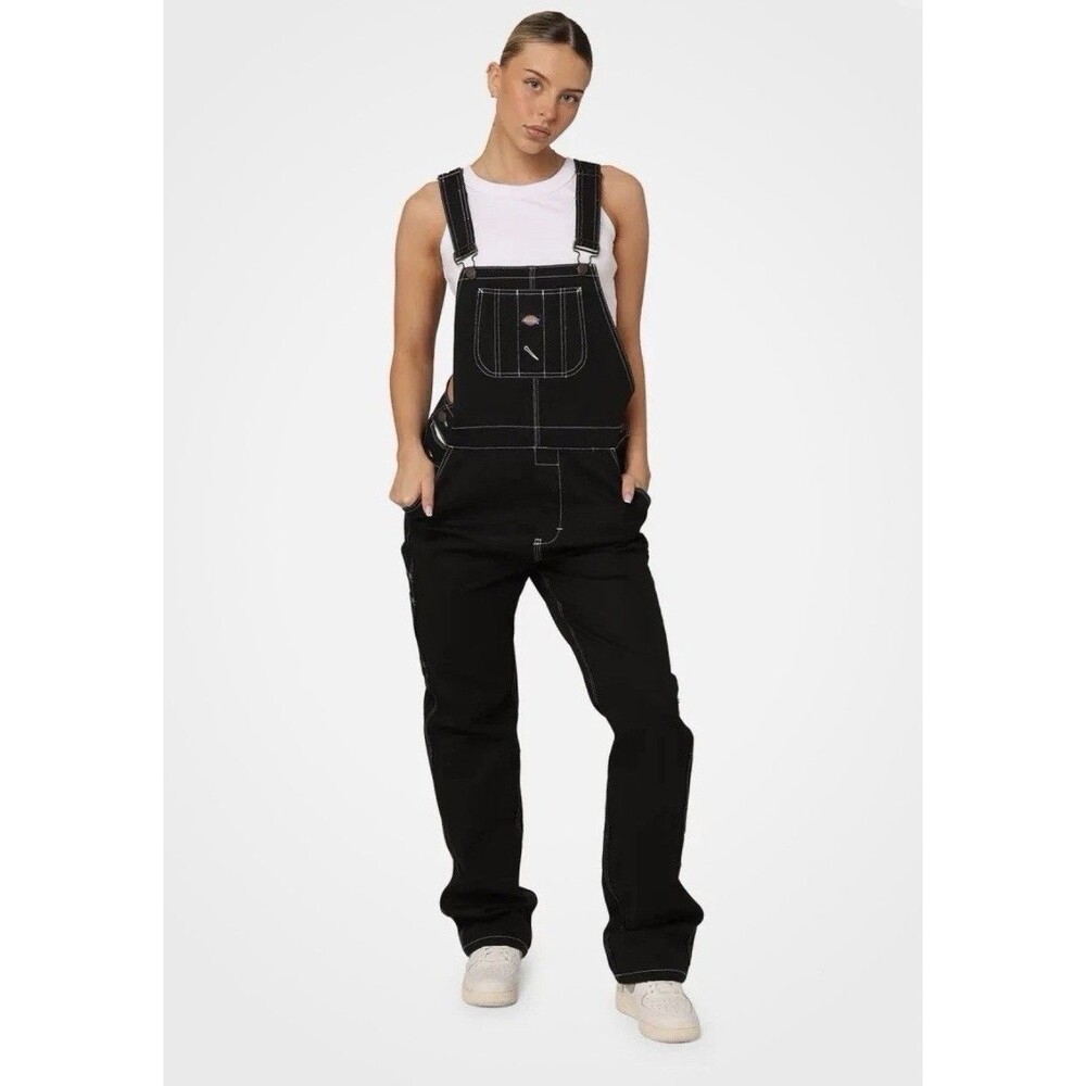 Dickies Women’s Black Contrast Stitch Carpenter Bib Overalls Cotton Medium
